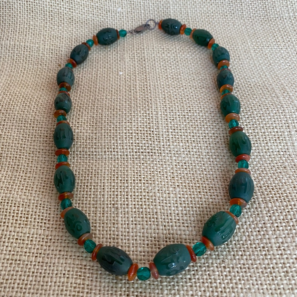 Necklace - One of Kind, 18 inch with Antique Teal & Amber Beads & Silver Clasp